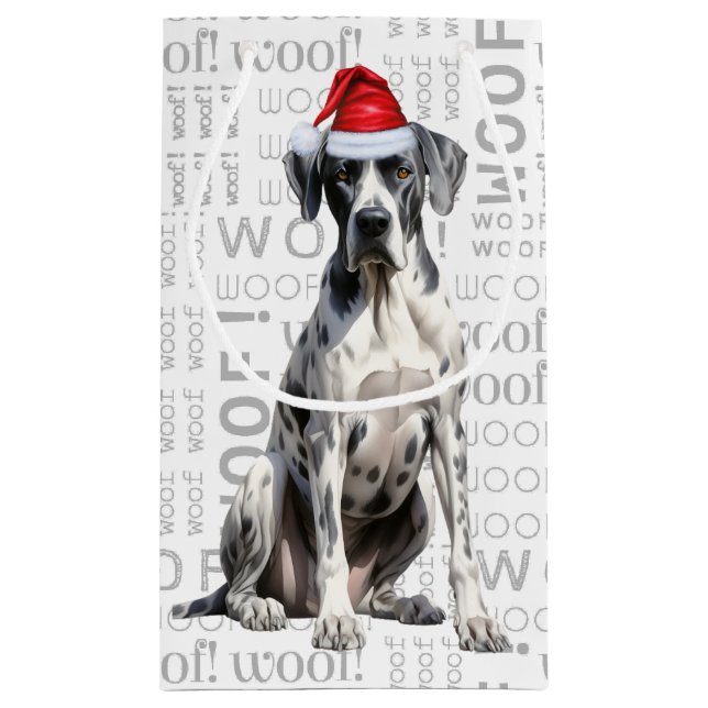 Sacola Para Presentes Pequena Na moda Great Dane e Woof Word Art Natal (Verso)