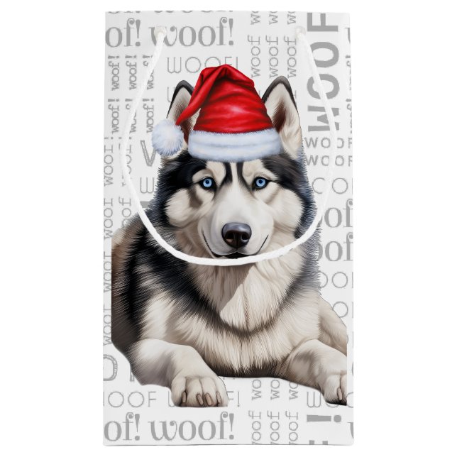 Sacola Para Presentes Pequena Na moda Siberian Husky e Woof Word Art Natal (Verso)