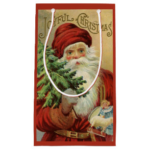 Sacola Para Presentes Pequena Natais vintages, Papai Noel Vitoriano com Árvore
