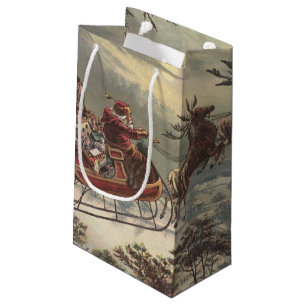 Sacola Para Presentes Pequena Natais vintages, Papai Noel Vitoriano em Sleigh