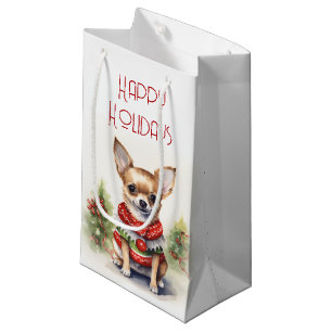 Sacola Para Presentes Pequena Natal Chihuahua com Suéter de Férias