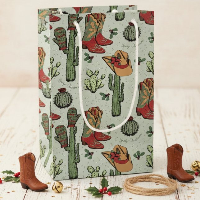 Sacola Para Presentes Pequena Natal do Cowboy Ocidental Vermelho e Verde (Country Western Cowgirl Howdy Christmas Gift Bags. Sage Green Rustic Rodeo Xmas Cowboy Boots & Cacti)
