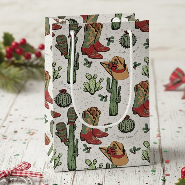 Sacola Para Presentes Pequena Natal do Cowboy Ocidental Vermelho e Verde (Country Western Cowgirl Howdy Christmas Gift Bags. Rustic Rodeo Xmas Cowboy Boots & Cacti Pattern)