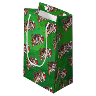 Sacola Para Presentes Pequena Natal do tigre no verde
