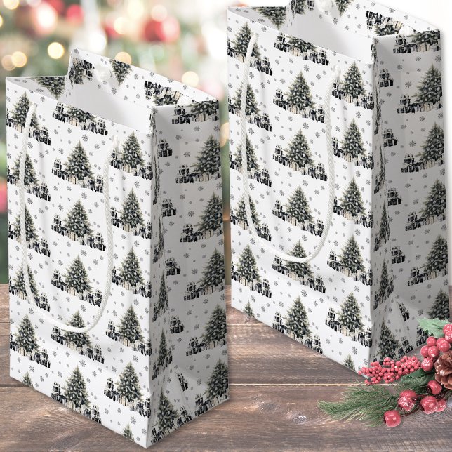 Sacola Para Presentes Pequena Natal Elegante Preto e Branco (Black White Elegant Christmas Tree Small Gift Bag)