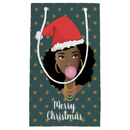 Sacola Para Presentes Pequena Natal Santa Hat, Mulher Negra, Goma, Teal Escuro