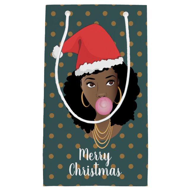 Sacola Para Presentes Pequena Natal Santa Hat, Mulher Negra, Goma, Teal Escuro (Frente)
