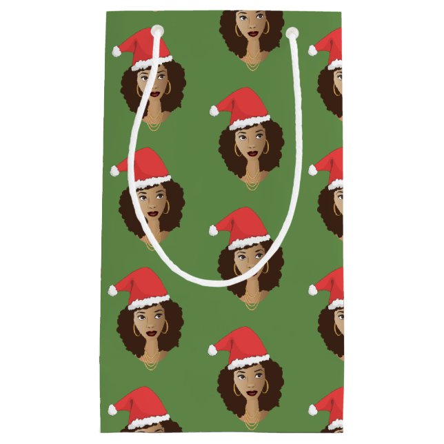 Sacola Para Presentes Pequena Natal Santa Hat, Mulher Negra, Verde (Frente)