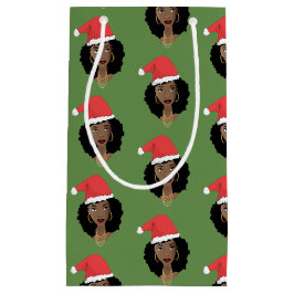 Sacola Para Presentes Pequena Natal Santa Hat, Mulher Negra, Verde