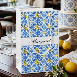 Sacola Para Presentes Pequena Nome Monograma Aquarela Azulejo Azul Limão Amarelo