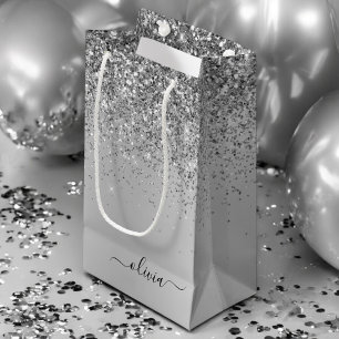 Sacola Para Presentes Pequena Nome Monograma Brilho Glitter Prata Metal