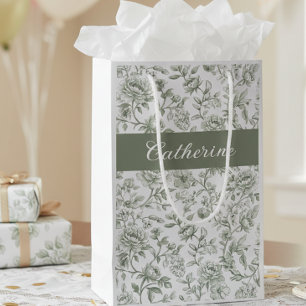Sacola Para Presentes Pequena Nome Monograma Toile Vintage Floral Verde Salvia