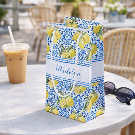 Sacola Para Presentes Pequena Nome Personalizado Azulejo Azul Mediterrâneo Limão