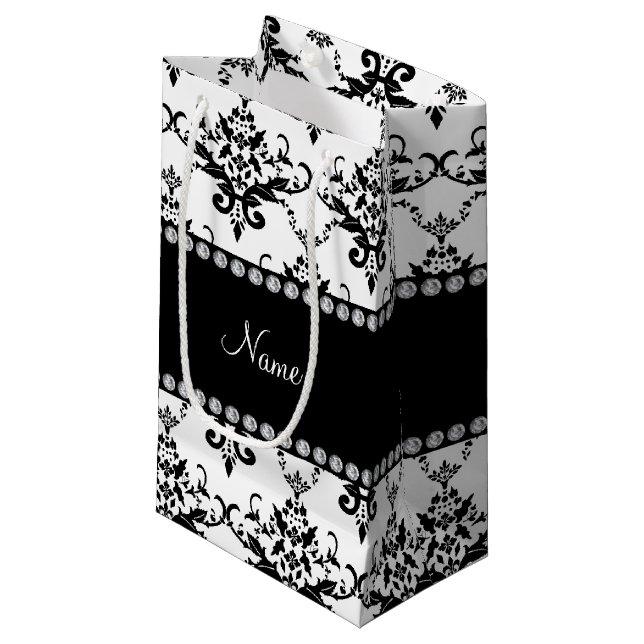 Sacola Para Presentes Pequena Nome personalizado Damask preto branco (Frente inclinada)