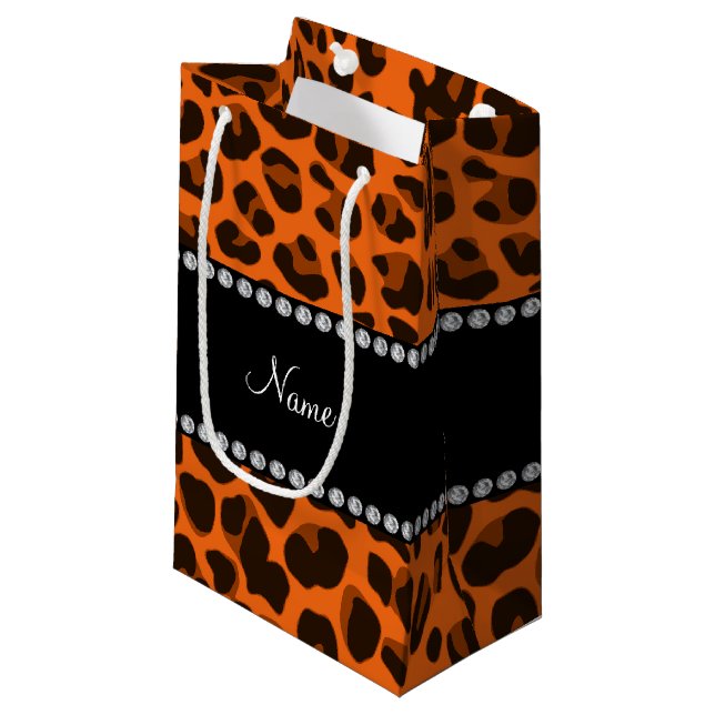 Sacola Para Presentes Pequena Nome personalizado padrão leopardo laranja (Frente inclinada)