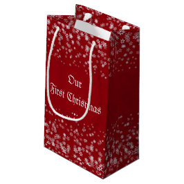 Sacola Para Presentes Pequena Nosso Primeiro Natal Flocos de Neve Vermelho e Per