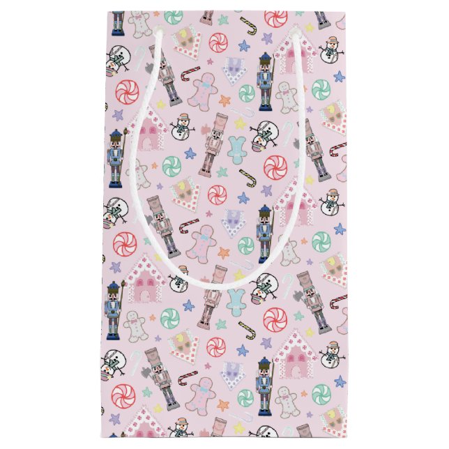 Sacola Para Presentes Pequena Nozes-de-Natal Rosa, Pão-de-Ova e Neves  (Frente)