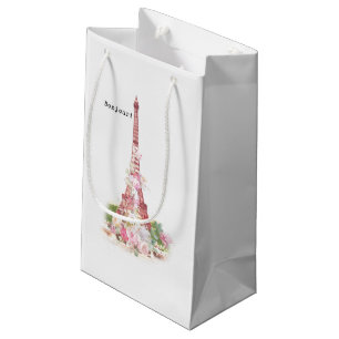 Sacola Para Presentes Pequena O rosa feminino do vintage floresce a torre Eiffel