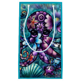 Sacola Para Presentes Pequena Octopus Floral Teal Roxo Azul Costeira