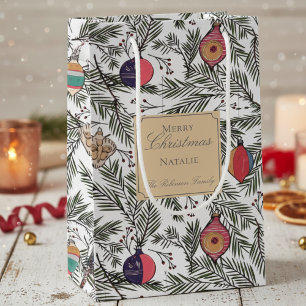Sacola Para Presentes Pequena Ornações do Natal branco e Dourado Pine Berries