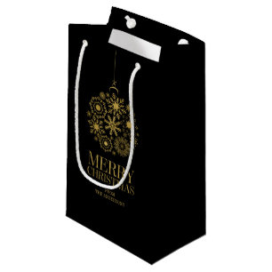 Sacola Para Presentes Pequena Ornamento Dourado em Floco de Neve Feliz Natal Gif