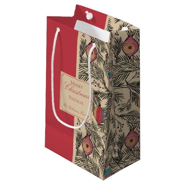 Sacola Para Presentes Pequena Ornamentos de Natal Red e Dourado, Pine, Berries (Frente inclinada)