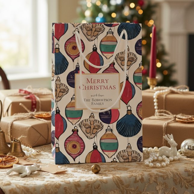 Sacola Para Presentes Pequena Ornamentos de Natal Russo (Colorful Chic Ivory Vintage Ornaments Xmas Wrapping Paper. Retro Chic Xmas Holiday Season Pattern)