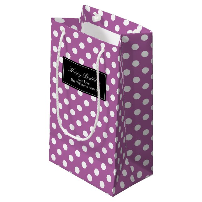 Sacola Para Presentes Pequena Orquídea Bolinhas Roxas Personalizadas (Frente inclinada)