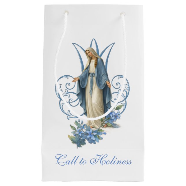 Sacola Para Presentes Pequena Our Lady of Grace Catholic Blue Floral  (Frente)