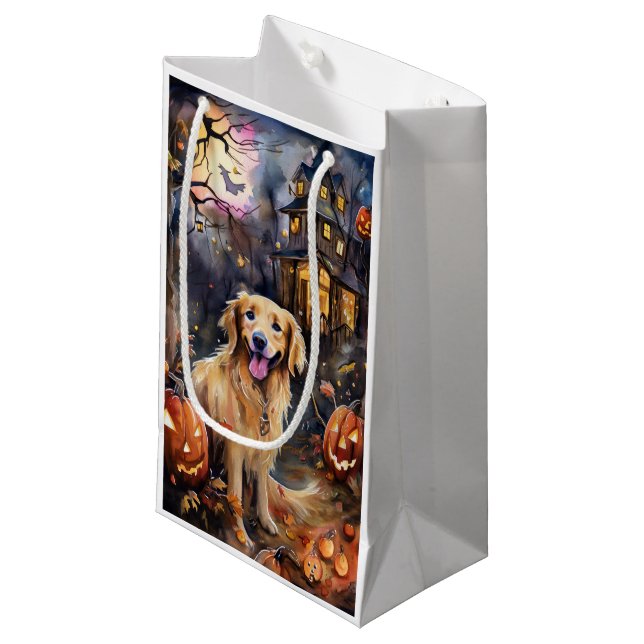 Sacola Para Presentes Pequena Ouro De Halloween Retriever Com Pumpkins Assustado (Frente inclinada)