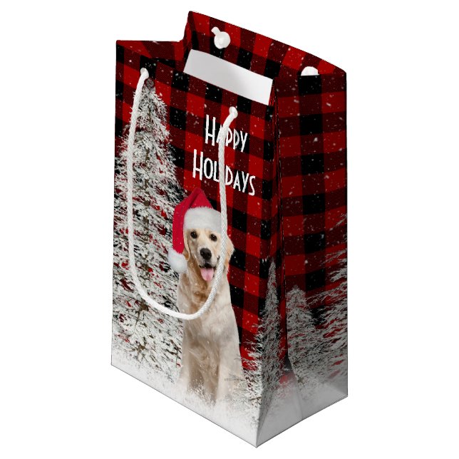 Sacola Para Presentes Pequena Ouro De Natal Retriever Na Xadrez (Frente inclinada)