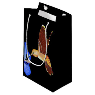Sacola Para Presentes Pequena Ouro Hummingbird e Blue Hibiscus