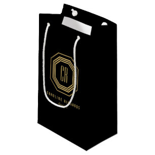 Sacola Para Presentes Pequena Ouro/preto do monograma do art deco do vintage