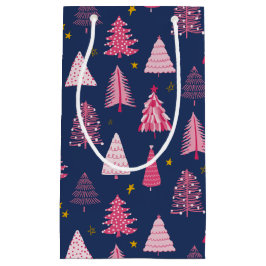 Sacola Para Presentes Pequena Padrão de Árvore de Natal Azul e Rosa