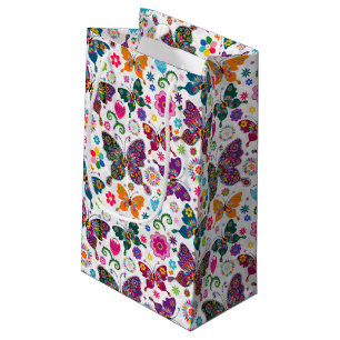 Sacola Para Presentes Pequena Padrão de borboletas e flores coloridas monogramas