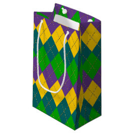 SACOLA PARA PRESENTES PEQUENA PADRÃO DE DIAMANTE MARDI GRAS DOURADO PURPER VERDE