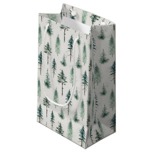 Sacola Para Presentes Pequena Padrão de Feriado das Árvores de Natal em Aquarela