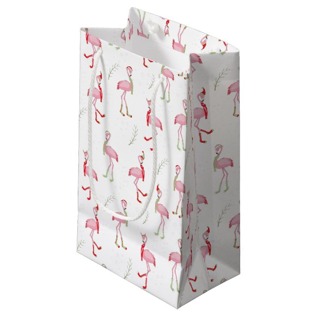 Sacola Para Presentes Pequena Padrão de Flamingo Rosa-Rosa-Friso de Natal (Frente inclinada)