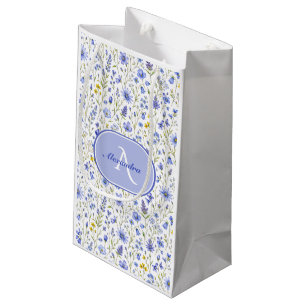 Sacola Para Presentes Pequena Padrão de Flor Silvestre Aquarela Azul com Nome Pe
