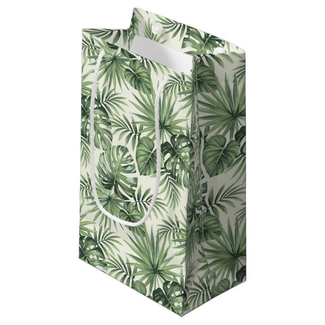 Sacola Para Presentes Pequena Padrão de Folhas Tropicais Verdes (Frente inclinada)