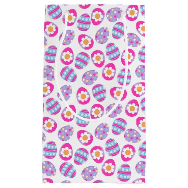 Sacola Para Presentes Pequena Padrão de Ovos de Páscoa, Rosa e Púrpura (Frente)