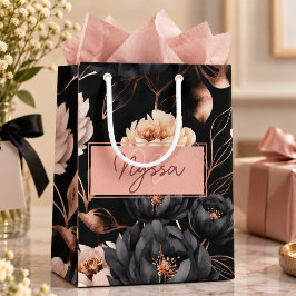 Sacola Para Presentes Pequena Padrão de Rosas Florais Pretas Elegantes com Monog