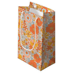 Sacola Para Presentes Pequena Padrão do Flor Retro Laranja