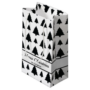Sacola Para Presentes Pequena Padrão e Texto da Árvore de Natal Preto e Branco