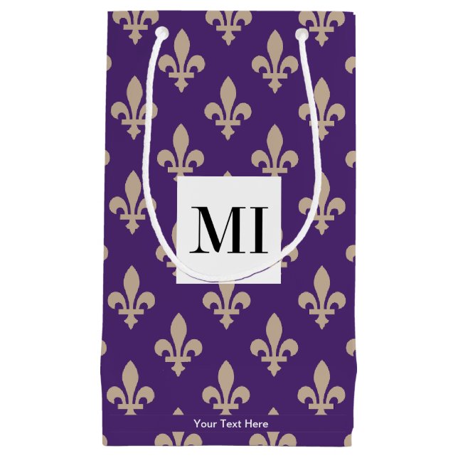 Sacola Para Presentes Pequena Padrão Fleur de Lis, Francês, Real, Creme, Roxo (Frente)