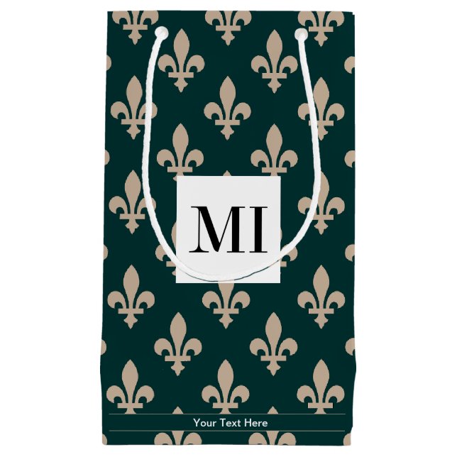 Sacola Para Presentes Pequena Padrão Fleur de Lis, Francês, Real, Creme, Verde (Frente)