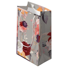 Sacola Para Presentes Pequena Padrão floral com rosas rosa, vermelho e roxo