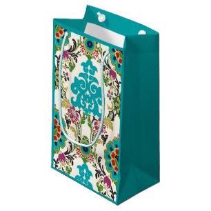 Sacola Para Presentes Pequena Padrão Floral Damask Plum Turquoise