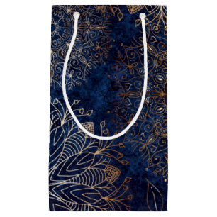 Sacola Para Presentes Pequena Padrão Floral de Mandala Azul Escuro e Dourado el