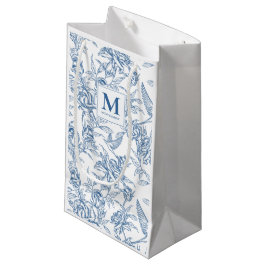 Sacola Para Presentes Pequena Padrão Floral Toile de Jouy Francês Azul Monograma